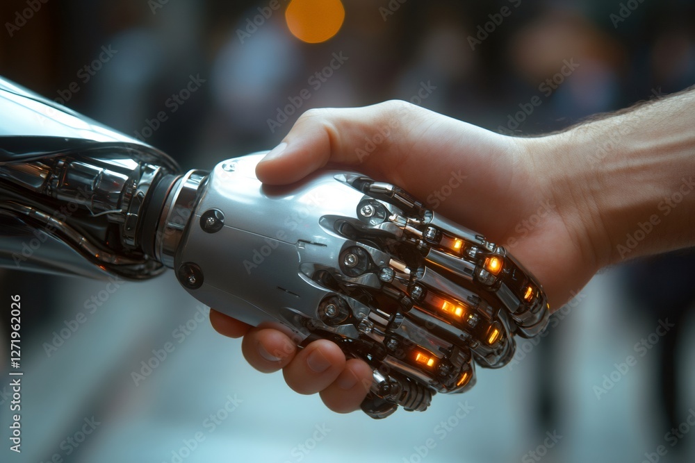 Poster businessman shaking hands with a robot showing artificial intelligence