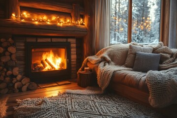 Burning fireplace warming cozy living room in log cabin during winter