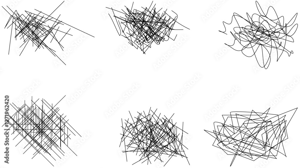 Poster random chaotic scribble lines collection pencil art set. abstract random line scribble vector elemen
