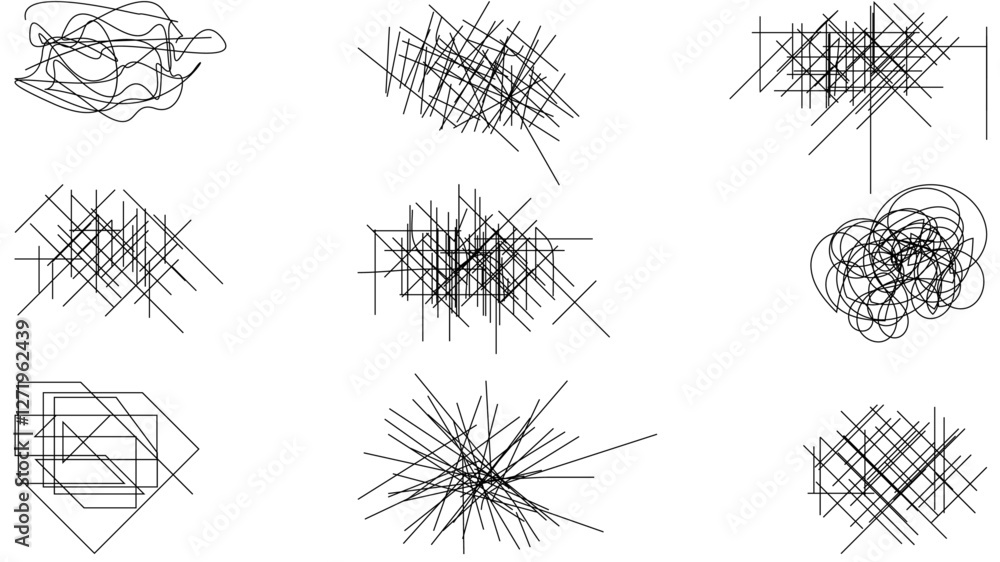Poster random chaotic scribble lines collection pencil art set. abstract random line scribble vector elemen