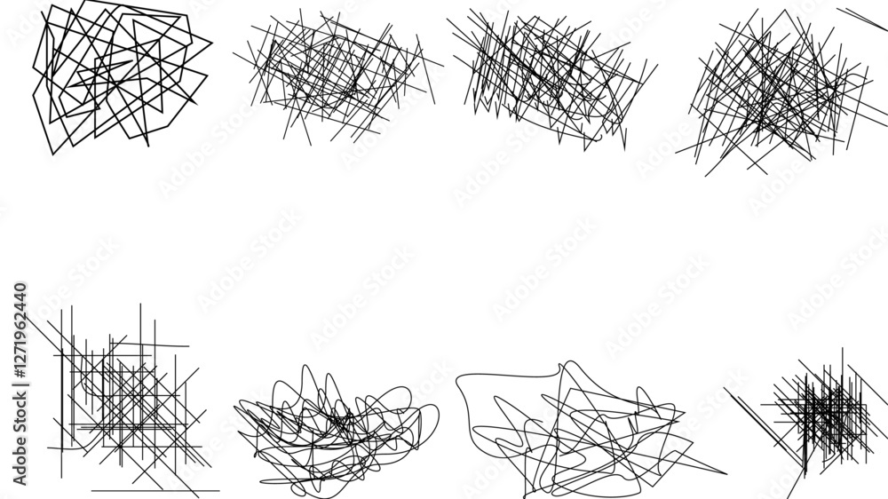 Poster random chaotic scribble lines collection pencil art set. abstract random line scribble vector elemen
