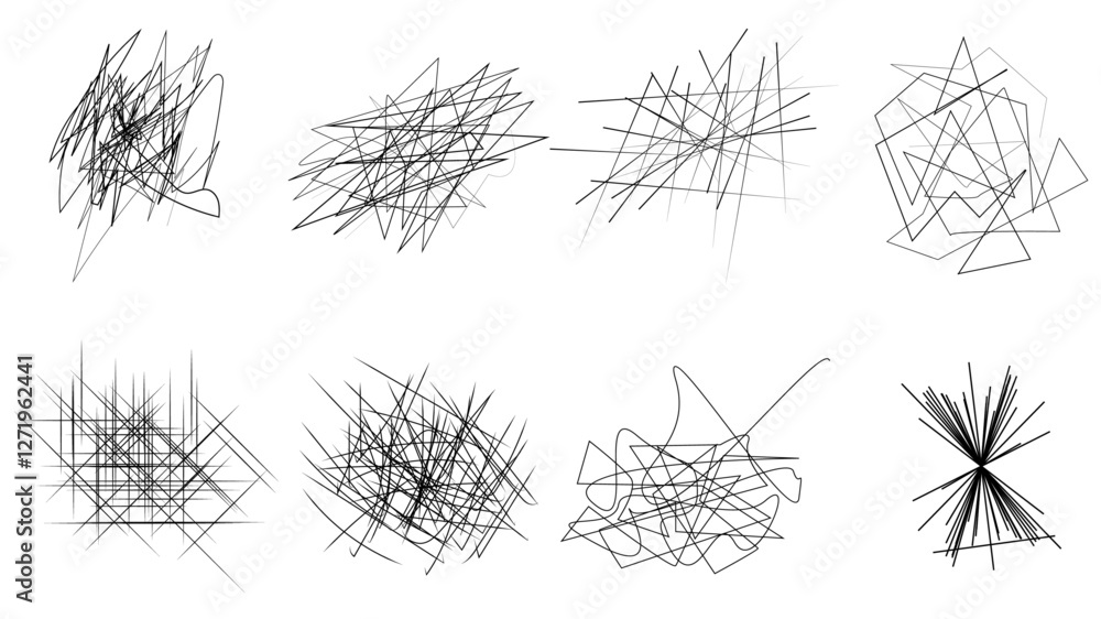 Poster random chaotic scribble lines collection pencil art set. abstract random line scribble vector elemen