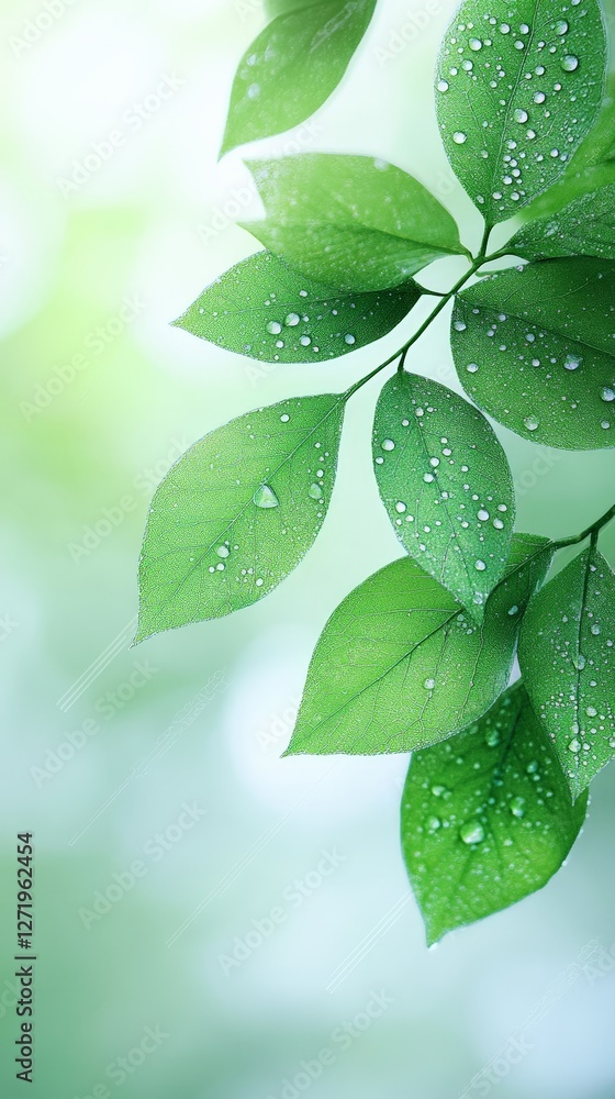 Poster bright green leaves with crystal clear water drops sparkling in the sunlight, creating a refreshing 