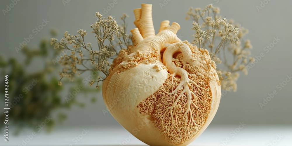 Poster intricate botanical heart sculpture blending natural elements with artistic design in a serene setti