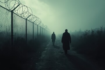two people walking along a path with barbed wire