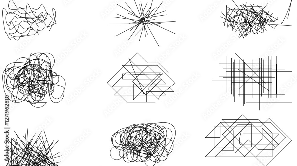 Poster random chaotic scribble lines collection pencil art set. abstract random line scribble vector elemen