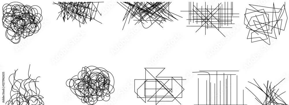 Poster random chaotic scribble lines collection pencil art set. abstract random line scribble vector elemen
