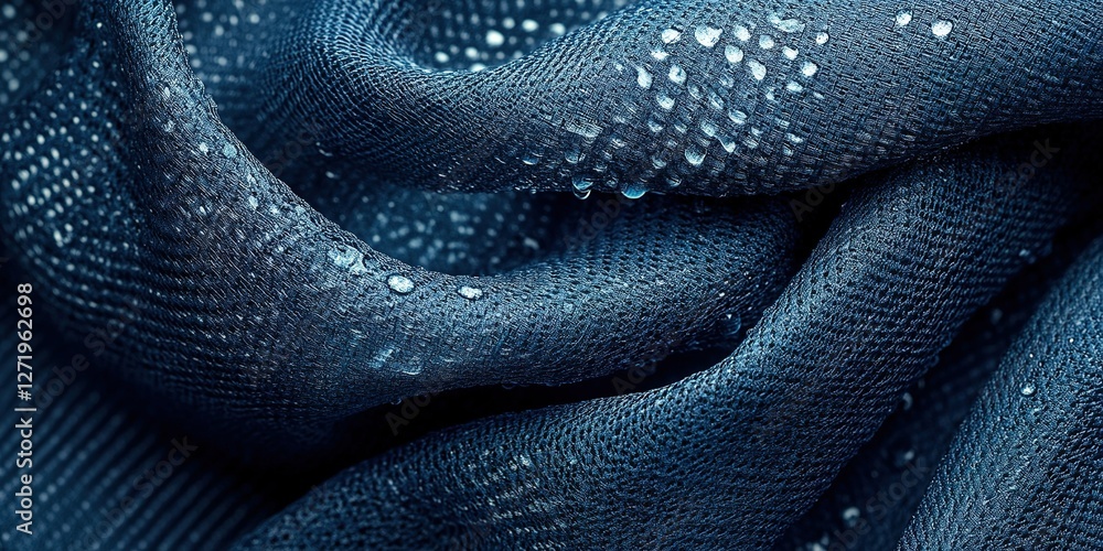 Poster textured fabric with water droplets creating a captivating visual effect in deep blue