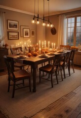 Fototapeta premium Cozy Thanksgiving dining room with warm lighting and plenty of candles, thanksgiving, centerpiece, table lamp