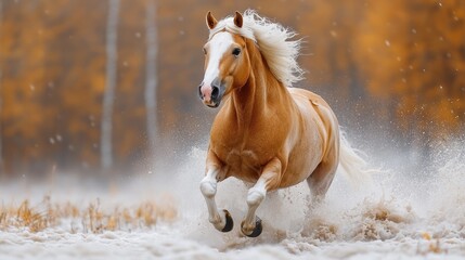 A stunning golden horse galloping through a snowy field surrounded by autumnal trees with vibrant orange leaves.