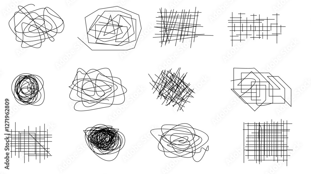 Poster random chaotic scribble lines collection pencil art set. abstract random line scribble vector elemen