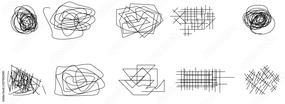 Poster random chaotic scribble lines collection pencil art set. abstract random line scribble vector elemen