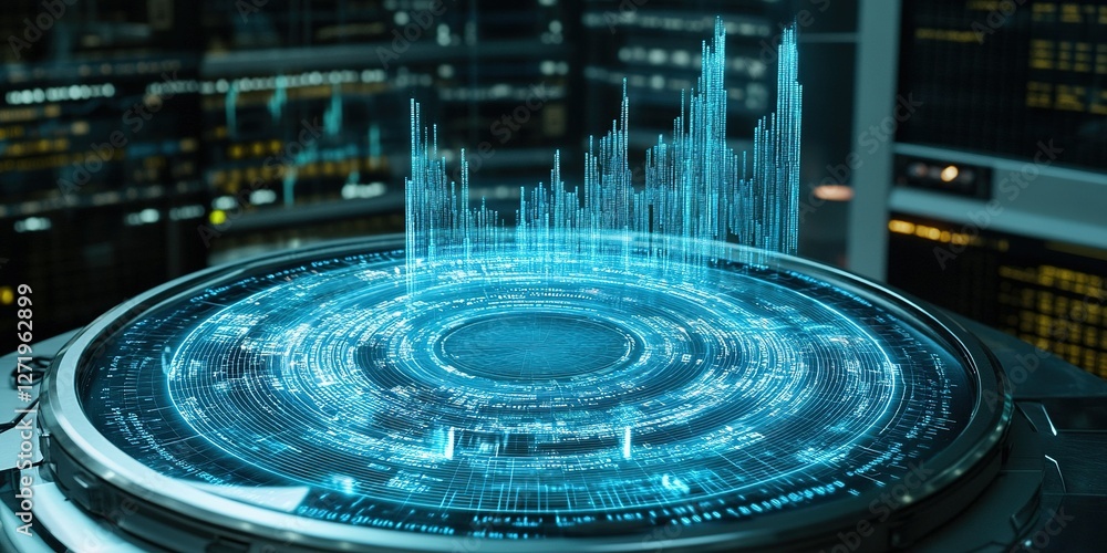 Poster advanced data visualization displayed on a holographic interface in a futuristic environment