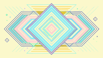 Geometric shapes intersect and layer over each other, forming a symmetrical design with pastel colors. Lines and diamonds create a sense of depth and movement on a light background.AI