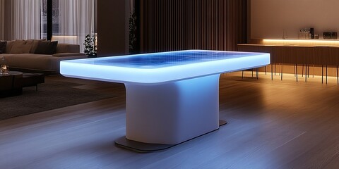 Modern illuminated table design in contemporary living space with sleek furnishings and ambient lighting