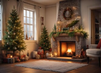 Cozy winter scene with a lit fireplace and a decorated evergreen Christmas tree in the corner, soft light, peaceful