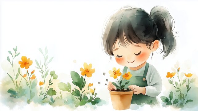 A charming watercolor illustration of a young girl planting flowers in a pot, radiating joy and care for nature.