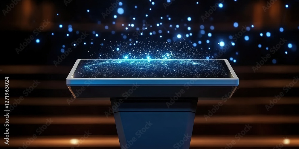 Poster advanced digital podium showcasing vibrant particle effects during a modern presentation event in an