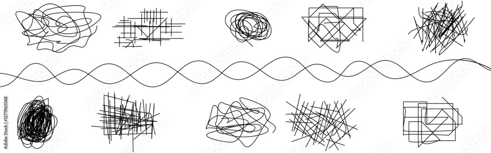Poster random chaotic scribble lines collection pencil art set. abstract random line scribble vector elemen