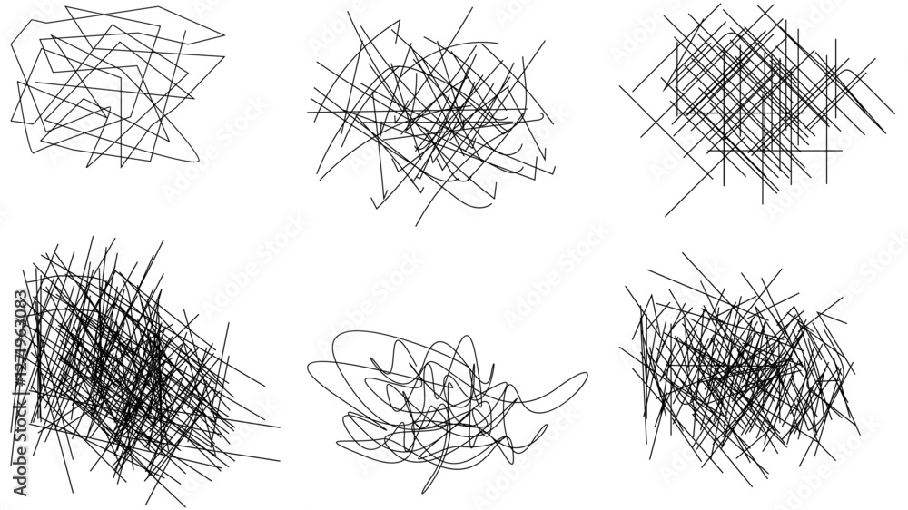 Poster random chaotic scribble lines collection pencil art set. abstract random line scribble vector elemen