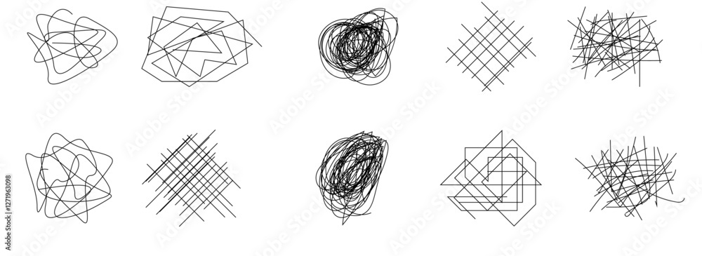 Poster random chaotic scribble lines collection pencil art set. abstract random line scribble vector elemen