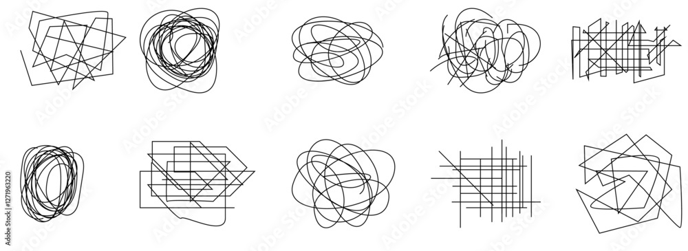 Poster random chaotic scribble lines collection pencil art set. abstract random line scribble vector elemen