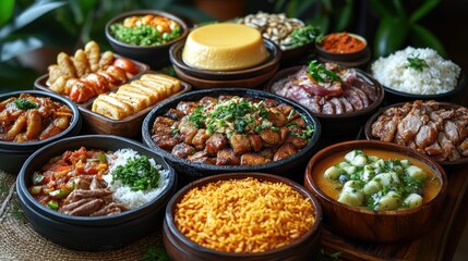 Diverse buffet dishes, tropical background, food spread