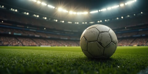 a soccer ball on the grass in front of a stadium