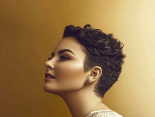 Profile of young caucasian female with short hair against yellow background