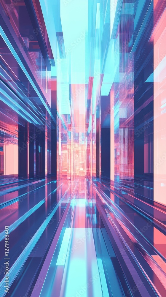 Poster abstract architectural rendering of a futuristic hallway with neon glow