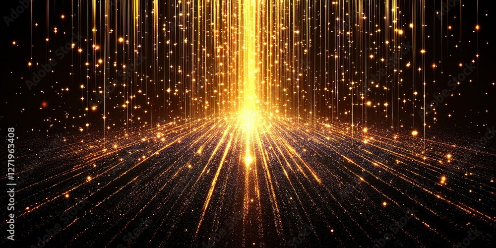 Poster golden light rays cascade downwards in a mesmerizing display of shimmering particles against a dark 