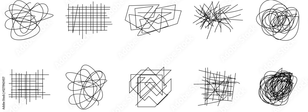 Poster random chaotic scribble lines collection pencil art set. abstract random line scribble vector elemen