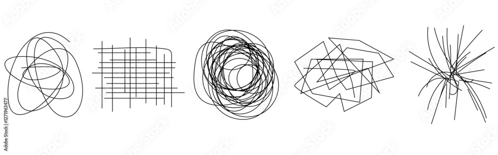 Poster random chaotic scribble lines collection pencil art set. abstract random line scribble vector elemen