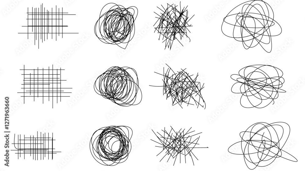 Poster random chaotic scribble lines collection pencil art set. abstract random line scribble vector elemen