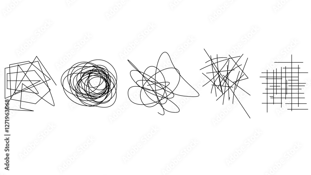 Poster random chaotic scribble lines collection pencil art set. abstract random line scribble vector elemen