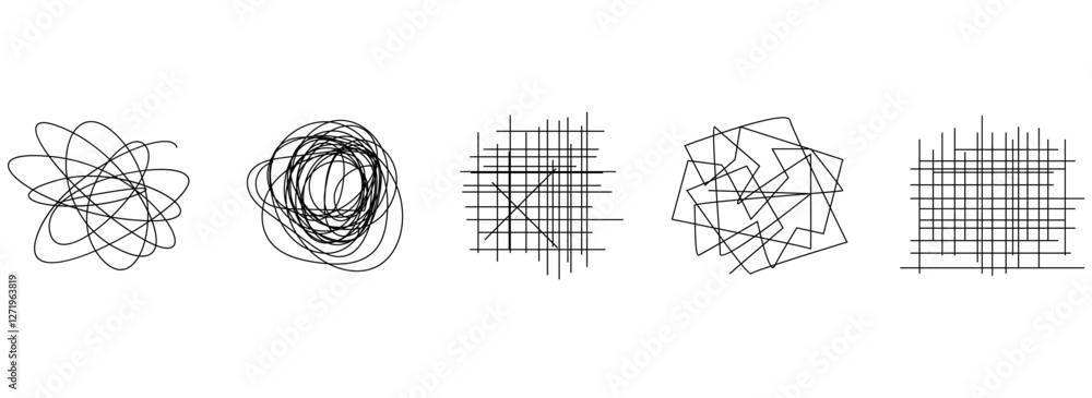 Poster random chaotic scribble lines collection pencil art set. abstract random line scribble vector elemen