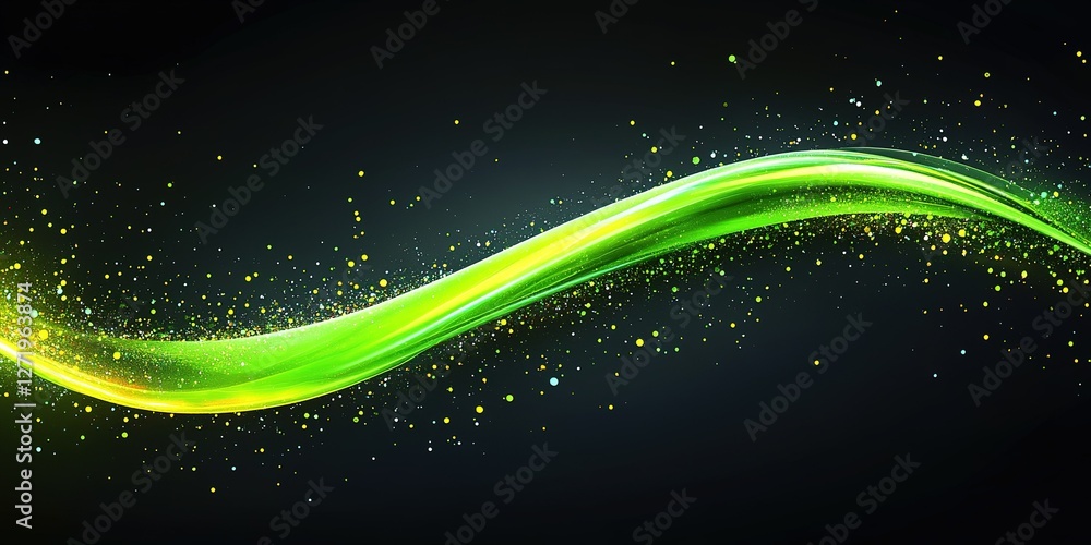 Poster dynamic green wave with sparkling elements on a dark background showcasing vibrant energy and fluid 
