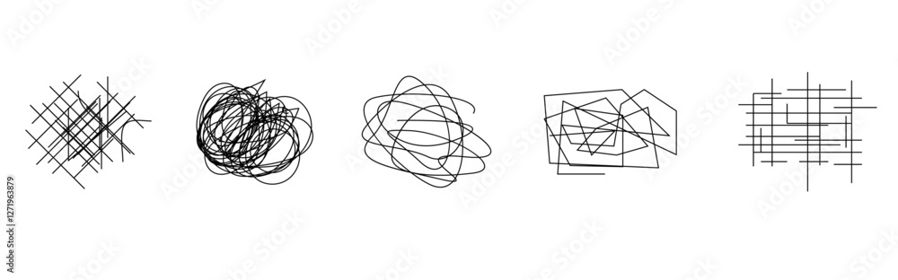 Poster random chaotic scribble lines collection pencil art set. abstract random line scribble vector elemen