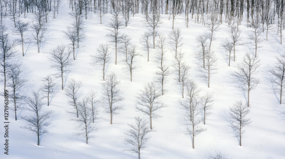 Poster regularly planted bare trees are casting long shadows on a pristine white snowy hillside in a winter