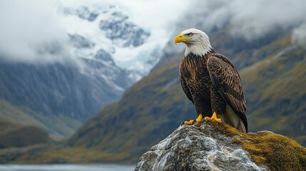 A majestic bald eagle perched on a rocky outcrop, overlooking a breathtaking mountain landscape with glaciers and misty clouds