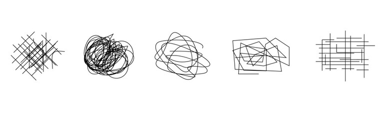Random chaotic scribble lines collection pencil art set. Abstract random line scribble vector elements including various messy and random lines for design,