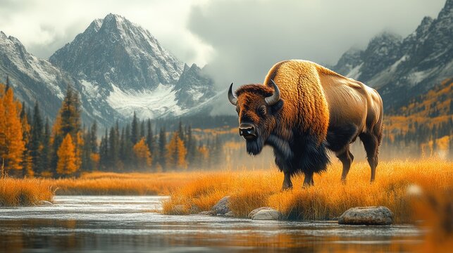 A majestic bison standing by a tranquil river surrounded by autumn foliage and towering mountains in the background
