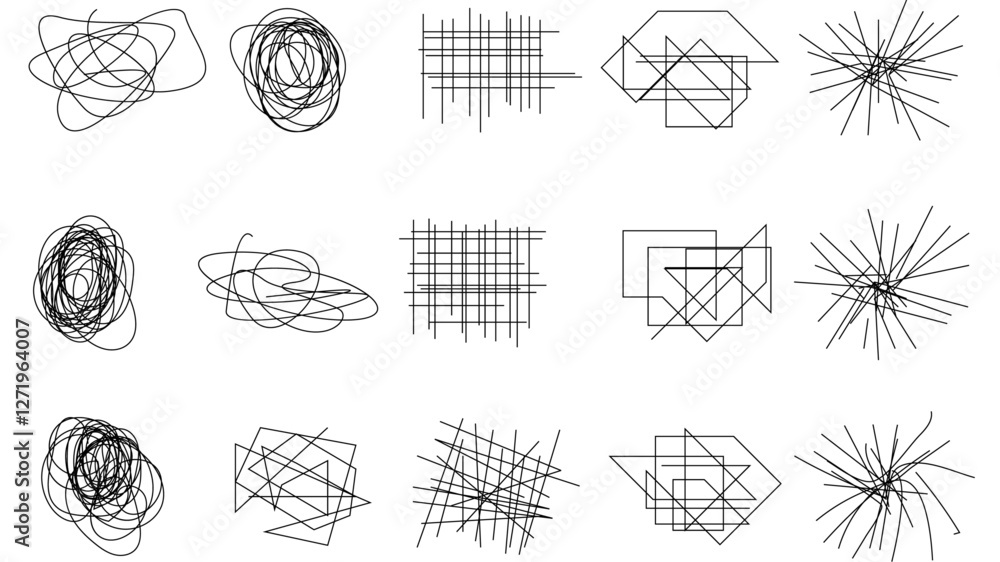 Poster random chaotic scribble lines collection pencil art set. abstract random line scribble vector elemen