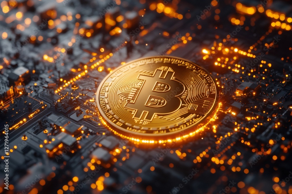 Poster Bitcoin cryptocurrency coin resting on illuminated circuit board