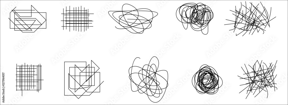 Poster random chaotic scribble lines collection pencil art set. abstract random line scribble vector elemen
