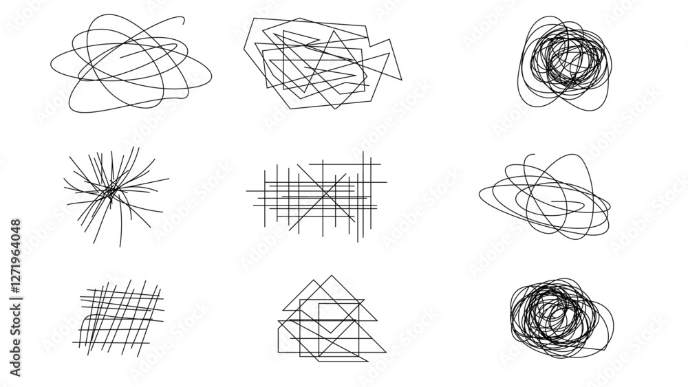 Poster random chaotic scribble lines collection pencil art set. abstract random line scribble vector elemen