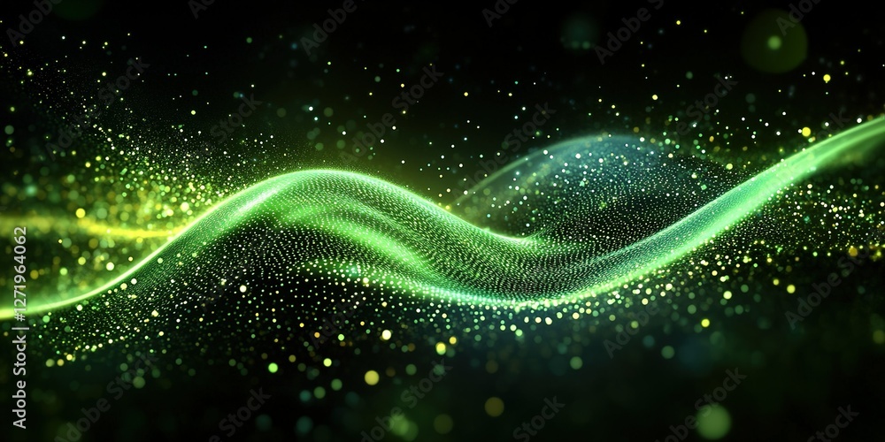 Poster dynamic green wave pattern with glowing particles creates a mesmerizing visual experience in a dark 