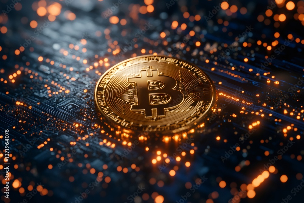 Fototapete Golden bitcoin resting on illuminated circuit board symbolizing cryptocurrency and blockchain technology