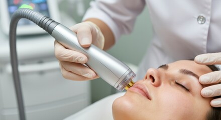 Naklejka premium Woman receiving a facial treatment with a modern device in a spa setting