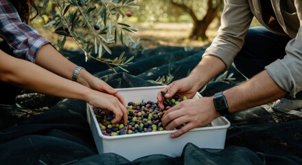 Hands of two people harvesting olives in an olive grove during the day